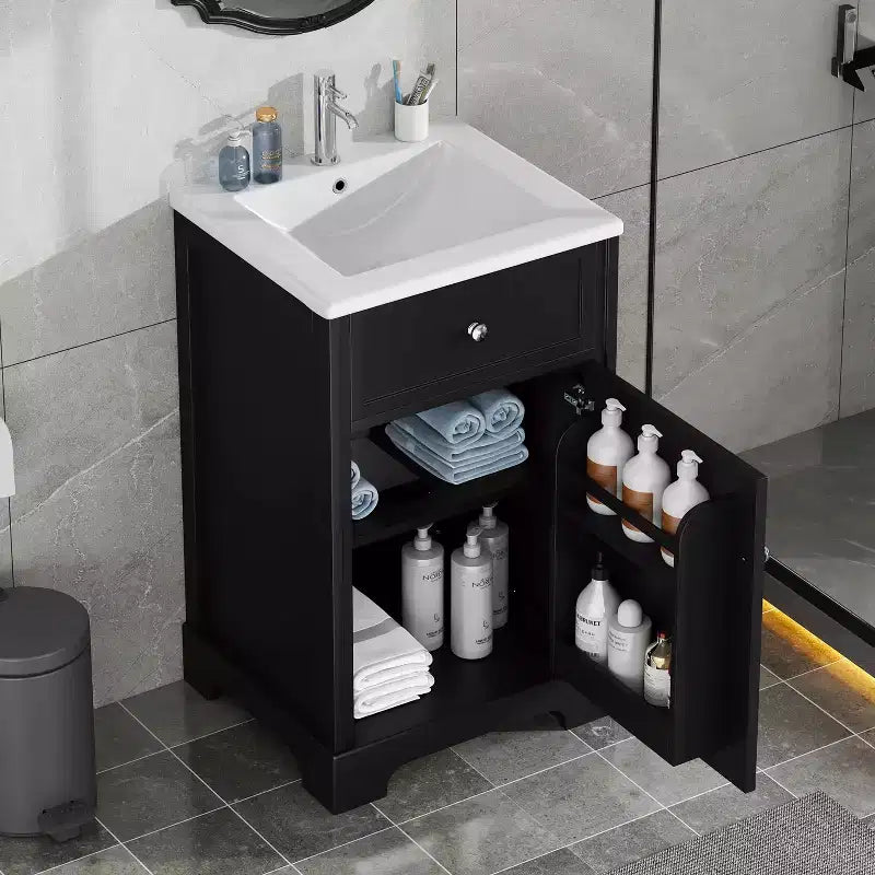 Meuble-lavabo de salle de bain 20 po avec évier, noir/gris, porte à fermeture douce, évier simple, autoportant