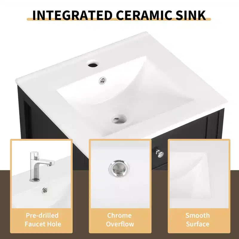 Meuble-lavabo de salle de bain 20 po avec évier, noir/gris, porte à fermeture douce, évier simple, autoportant