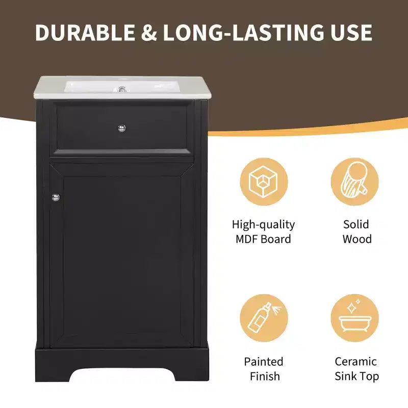 Meuble-lavabo de salle de bain 20 po avec évier, noir/gris, porte à fermeture douce, évier simple, autoportant