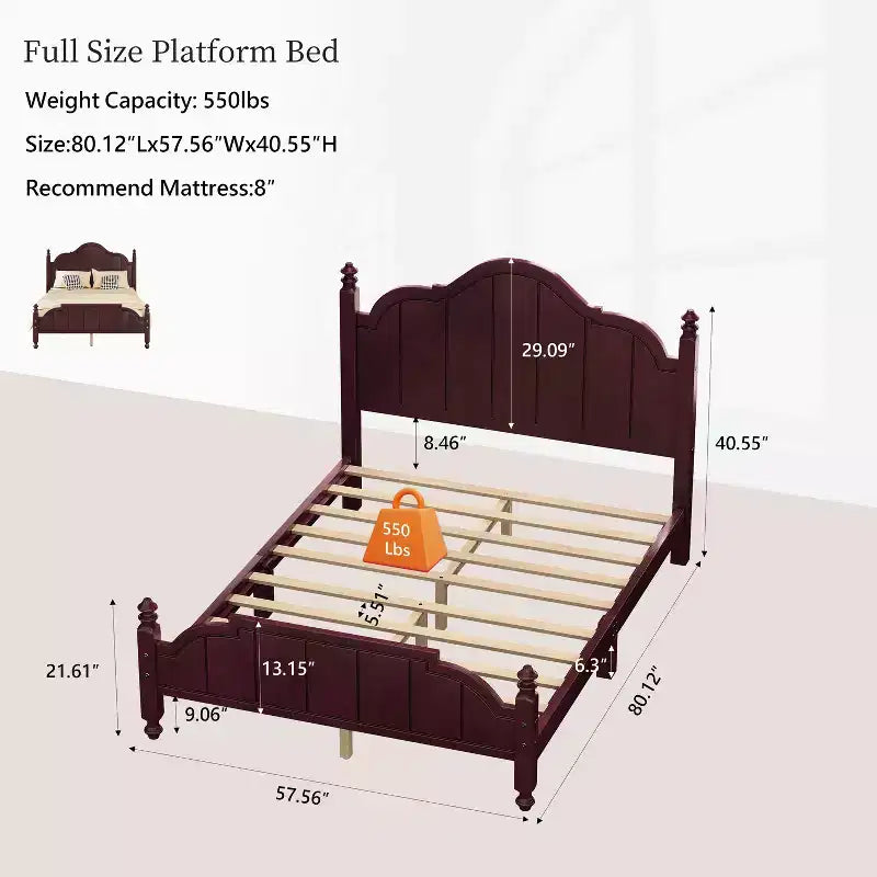 Cadre de lit plateforme vintage en bois espresso/blanc avec tête de lit, double/grand, pour 2 personnes