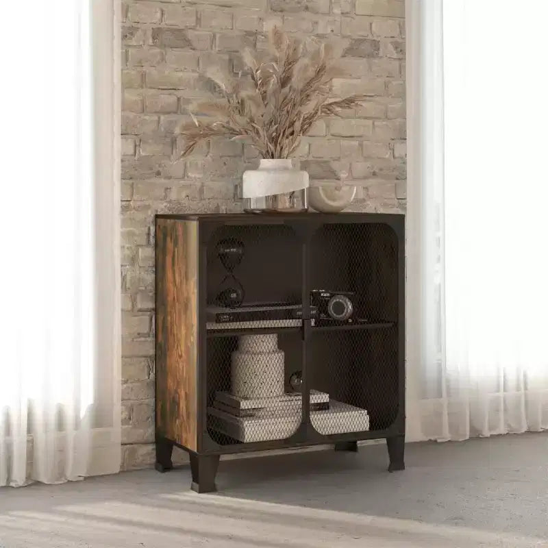 Armoire de rangement industrielle grise/marron rustique avec portes en maille – Lot de 1 ou 2