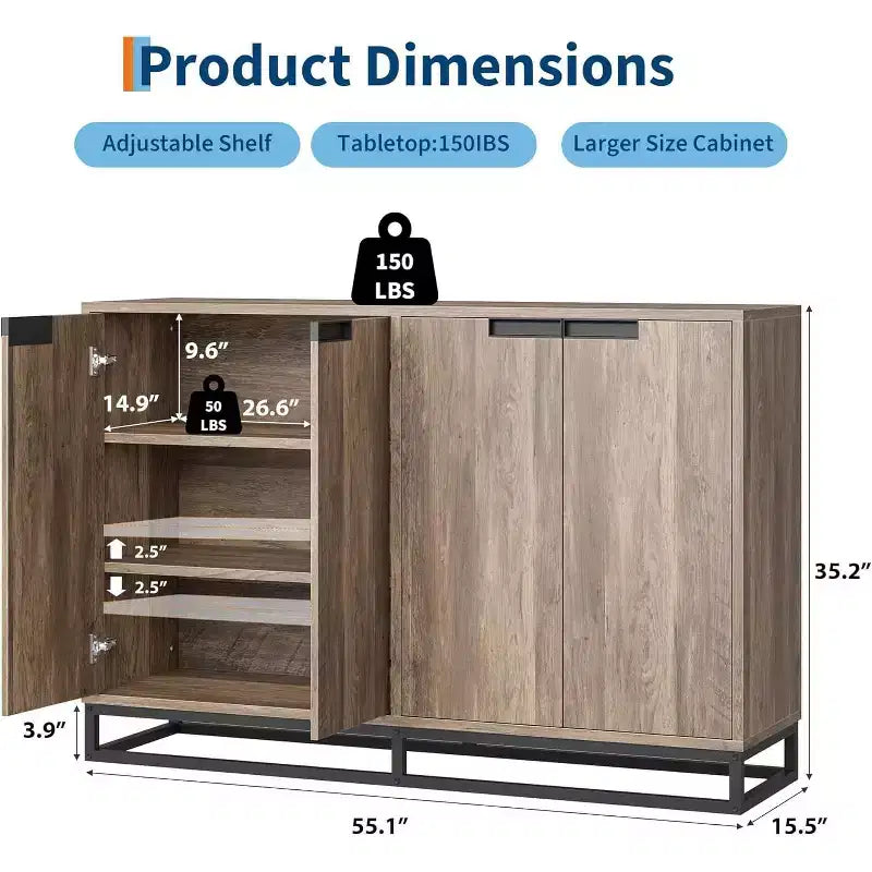 Buffet 4 portes en bois naturel et noir, étagères réglables