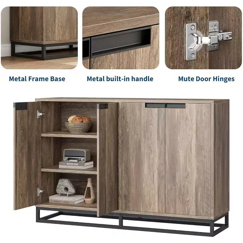 Buffet 4 portes en bois naturel et noir, étagères réglables