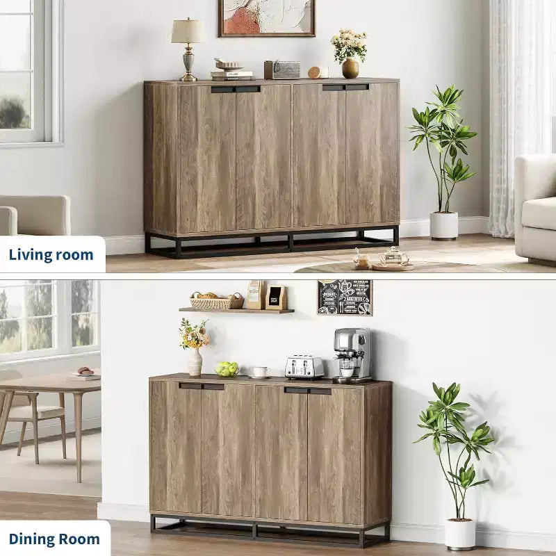 Buffet 4 portes en bois naturel et noir, étagères réglables