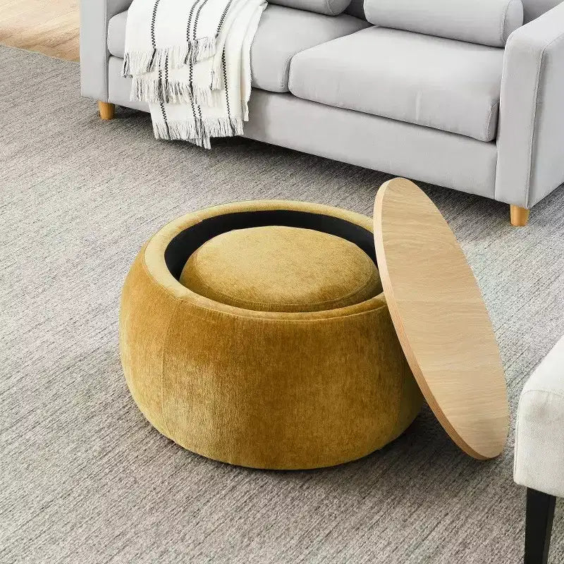 Pouff de rangement rond, repose-pieds et table d'appoint 2-en-1, marron / bleu foncé / jaune foncé / vert / gris clair, individuel