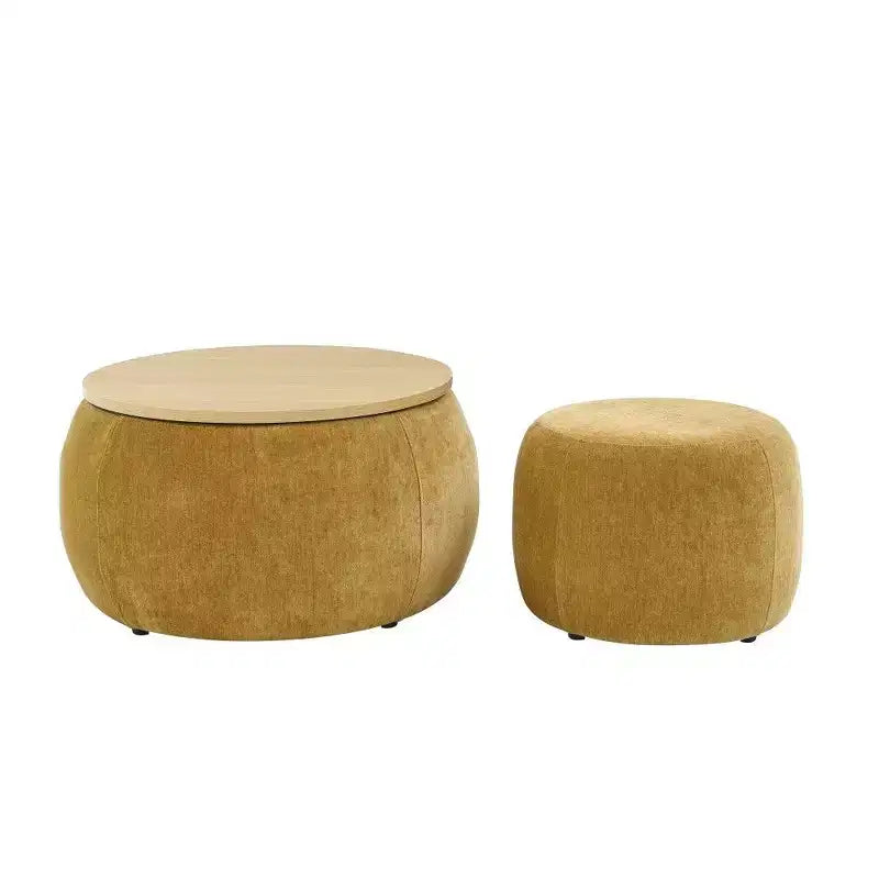 Pouff de rangement rond, repose-pieds et table d'appoint 2-en-1, marron / bleu foncé / jaune foncé / vert / gris clair, individuel