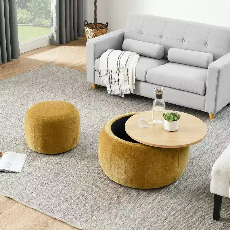 Pouff de rangement rond, repose-pieds et table d'appoint 2-en-1, marron / bleu foncé / jaune foncé / vert / gris clair, individuel
