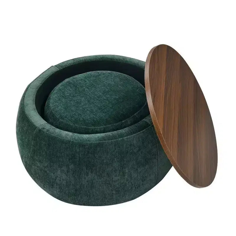 Pouff de rangement rond, repose-pieds et table d'appoint 2-en-1, marron / bleu foncé / jaune foncé / vert / gris clair, individuel