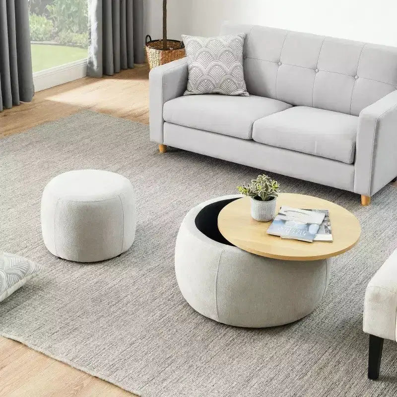 Pouff de rangement rond, repose-pieds et table d'appoint 2-en-1, marron / bleu foncé / jaune foncé / vert / gris clair, individuel