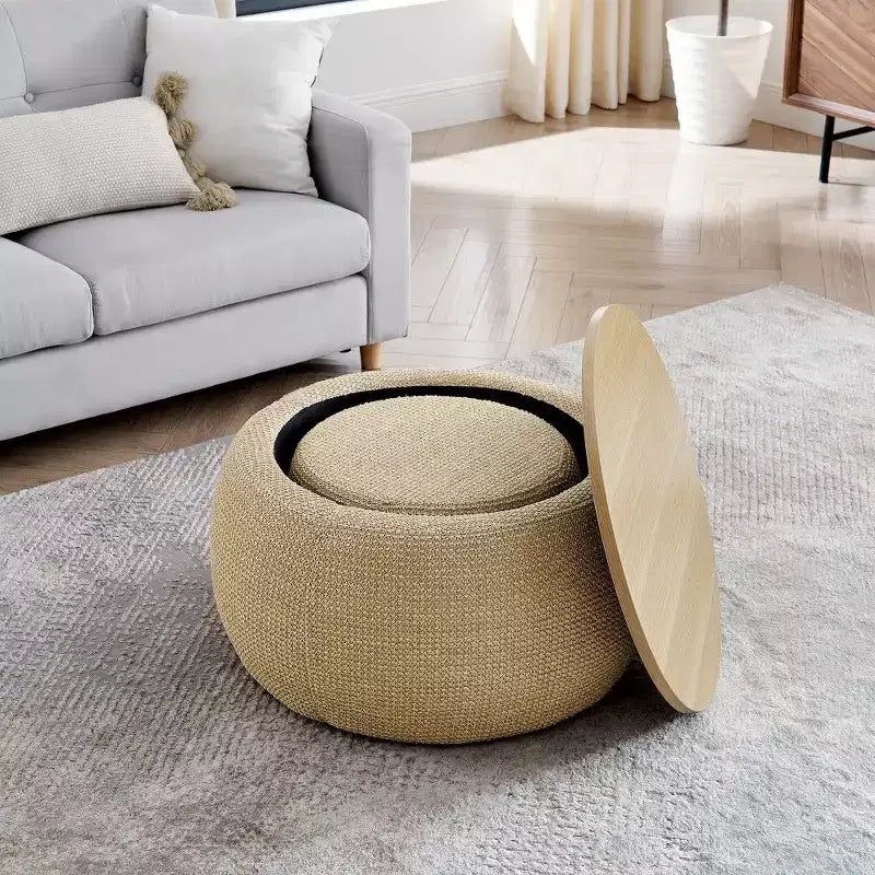 Pouff de rangement rond, repose-pieds et table d'appoint 2-en-1, marron / bleu foncé / jaune foncé / vert / gris clair, individuel