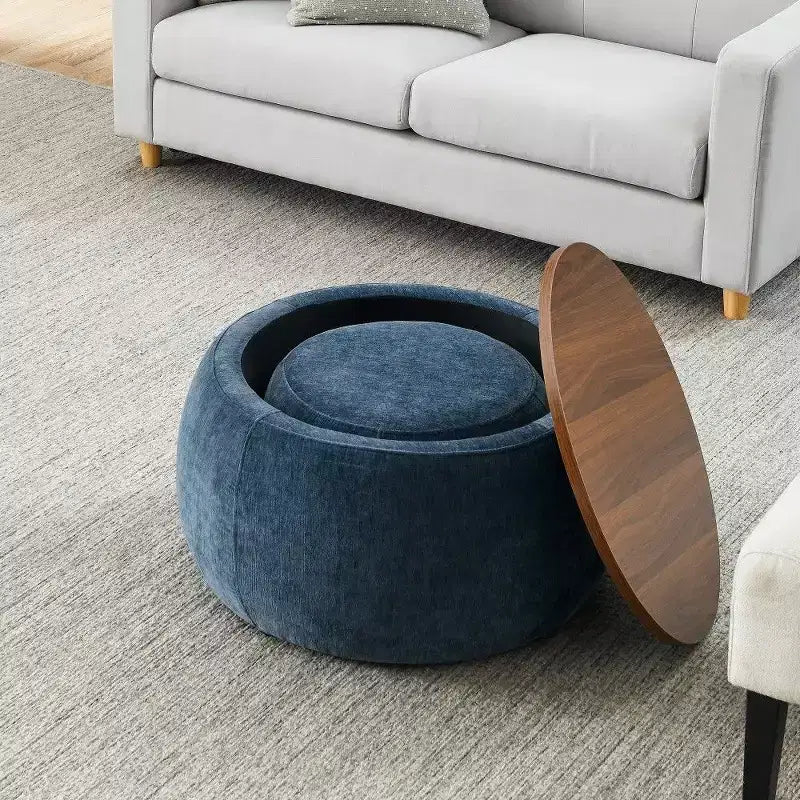 Pouff de rangement rond, repose-pieds et table d'appoint 2-en-1, marron / bleu foncé / jaune foncé / vert / gris clair, individuel