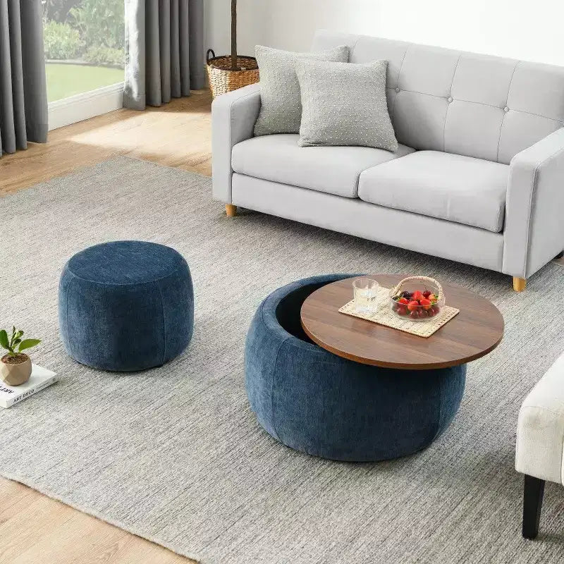 Pouff de rangement rond, repose-pieds et table d'appoint 2-en-1, marron / bleu foncé / jaune foncé / vert / gris clair, individuel