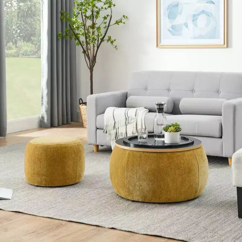 Pouff de rangement rond, repose-pieds et table d'appoint 2-en-1, marron / bleu foncé / jaune foncé / vert / gris clair, individuel