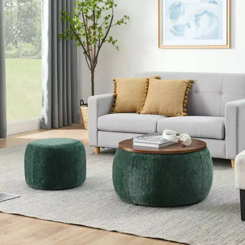Pouff de rangement rond, repose-pieds et table d'appoint 2-en-1, marron / bleu foncé / jaune foncé / vert / gris clair, individuel