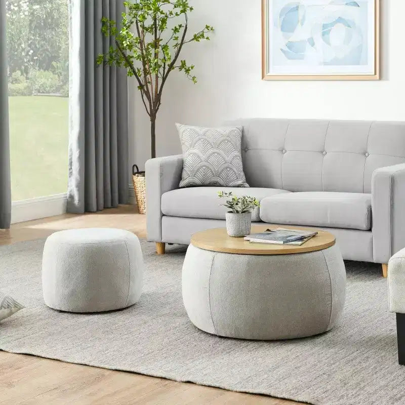 Pouff de rangement rond, repose-pieds et table d'appoint 2-en-1, marron / bleu foncé / jaune foncé / vert / gris clair, individuel