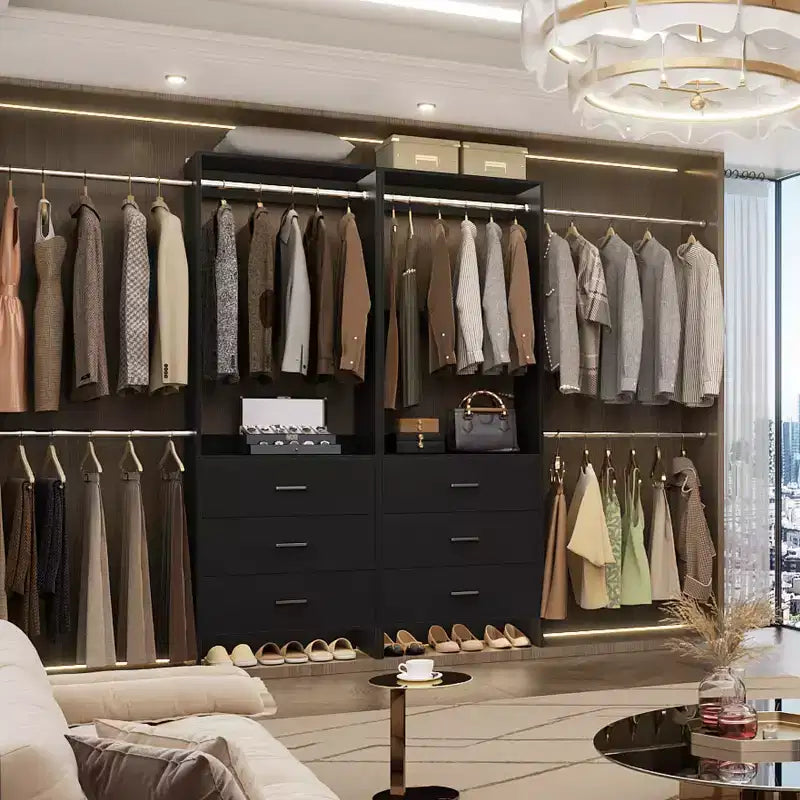 Organisateur de placard 2 pièces Beige/Noir/Gris/Blanc avec tringles extensibles et 6 tiroirs en bois, pour 1 à 2 utilisateurs