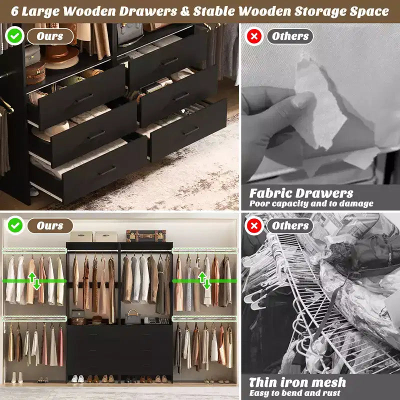 Organisateur de placard 2 pièces Beige/Noir/Gris/Blanc avec tringles extensibles et 6 tiroirs en bois, pour 1 à 2 utilisateurs