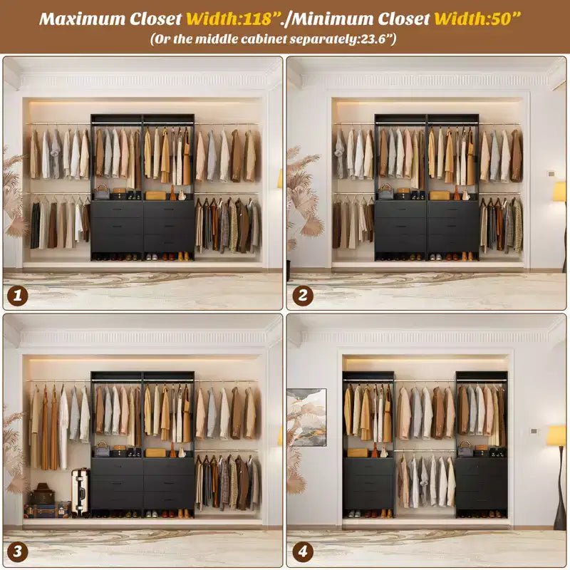 Organisateur de placard 2 pièces Beige/Noir/Gris/Blanc avec tringles extensibles et 6 tiroirs en bois, pour 1 à 2 utilisateurs