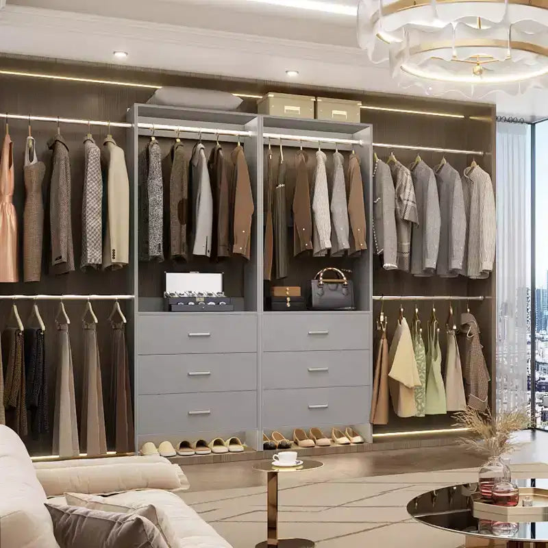 Organisateur de placard 2 pièces Beige/Noir/Gris/Blanc avec tringles extensibles et 6 tiroirs en bois, pour 1 à 2 utilisateurs