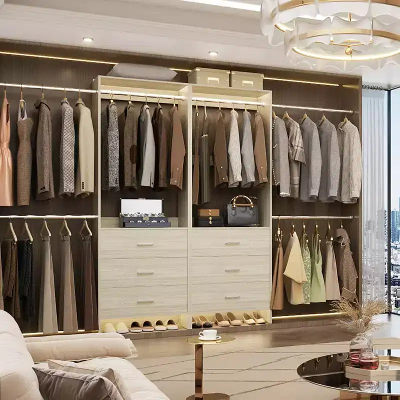 Organisateur de placard 2 pièces Beige/Noir/Gris/Blanc avec tringles extensibles et 6 tiroirs en bois, pour 1 à 2 utilisateurs
