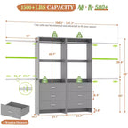 Organisateur de placard 2 pièces Beige/Noir/Gris/Blanc avec tringles extensibles et 6 tiroirs en bois, pour 1 à 2 utilisateurs