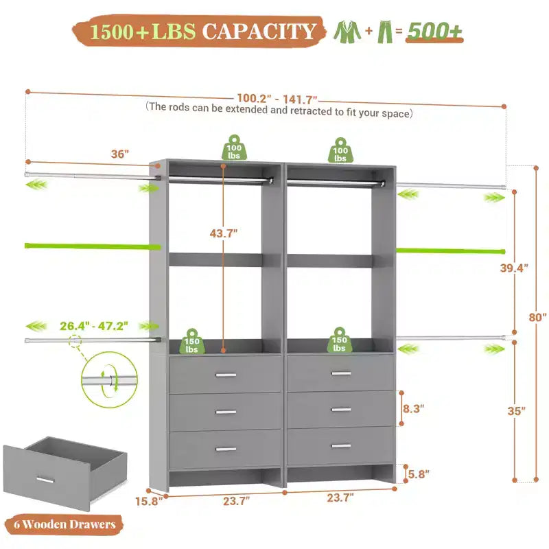 Organisateur de placard 2 pièces Beige/Noir/Gris/Blanc avec tringles extensibles et 6 tiroirs en bois, pour 1 à 2 utilisateurs