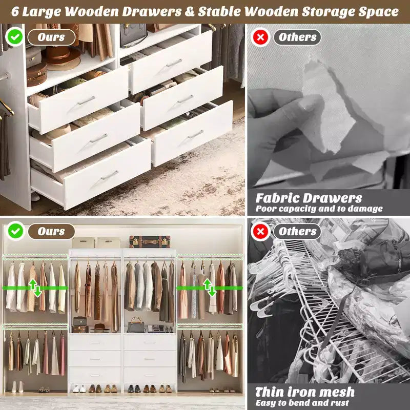 Organisateur de placard 2 pièces Beige/Noir/Gris/Blanc avec tringles extensibles et 6 tiroirs en bois, pour 1 à 2 utilisateurs