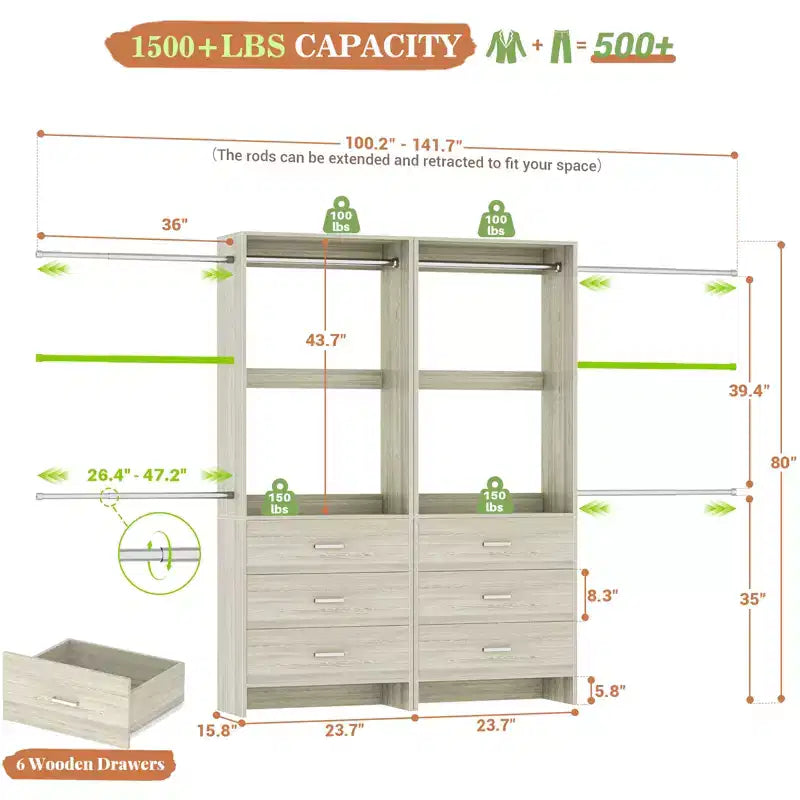 Organisateur de placard 2 pièces Beige/Noir/Gris/Blanc avec tringles extensibles et 6 tiroirs en bois, pour 1 à 2 utilisateurs
