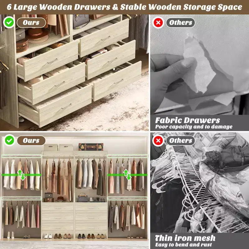 Organisateur de placard 2 pièces Beige/Noir/Gris/Blanc avec tringles extensibles et 6 tiroirs en bois, pour 1 à 2 utilisateurs