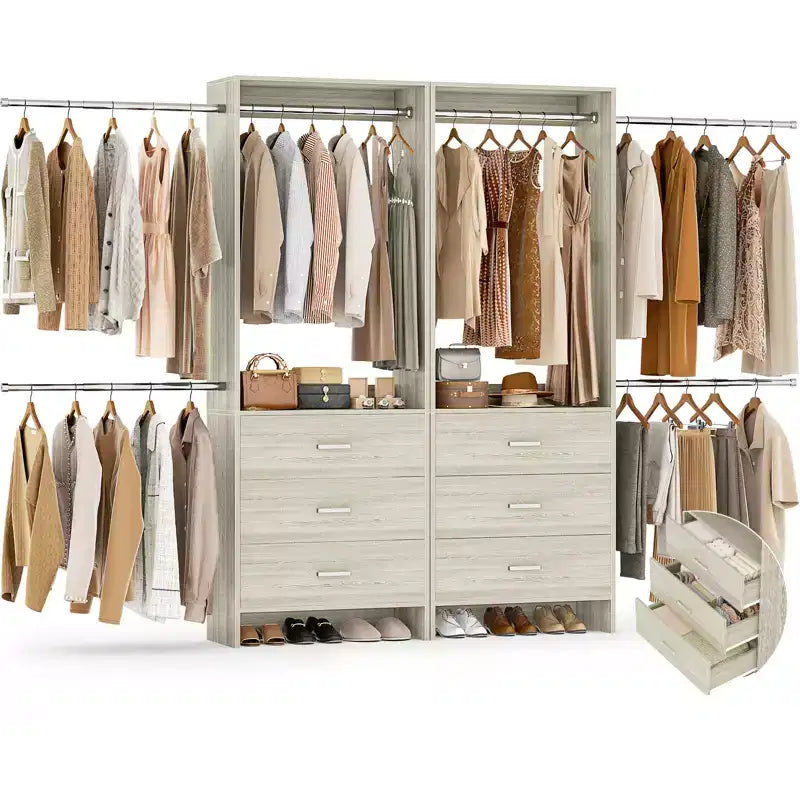 Besiost 142-In Closet Organizer System with Extendable Hanging Rods, Wardrobe with 6 Wood Drawers