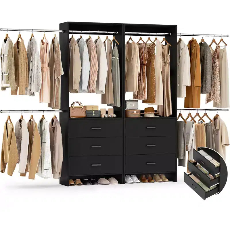 Organisateur de placard 2 pièces Beige/Noir/Gris/Blanc avec tringles extensibles et 6 tiroirs en bois, pour 1 à 2 utilisateurs