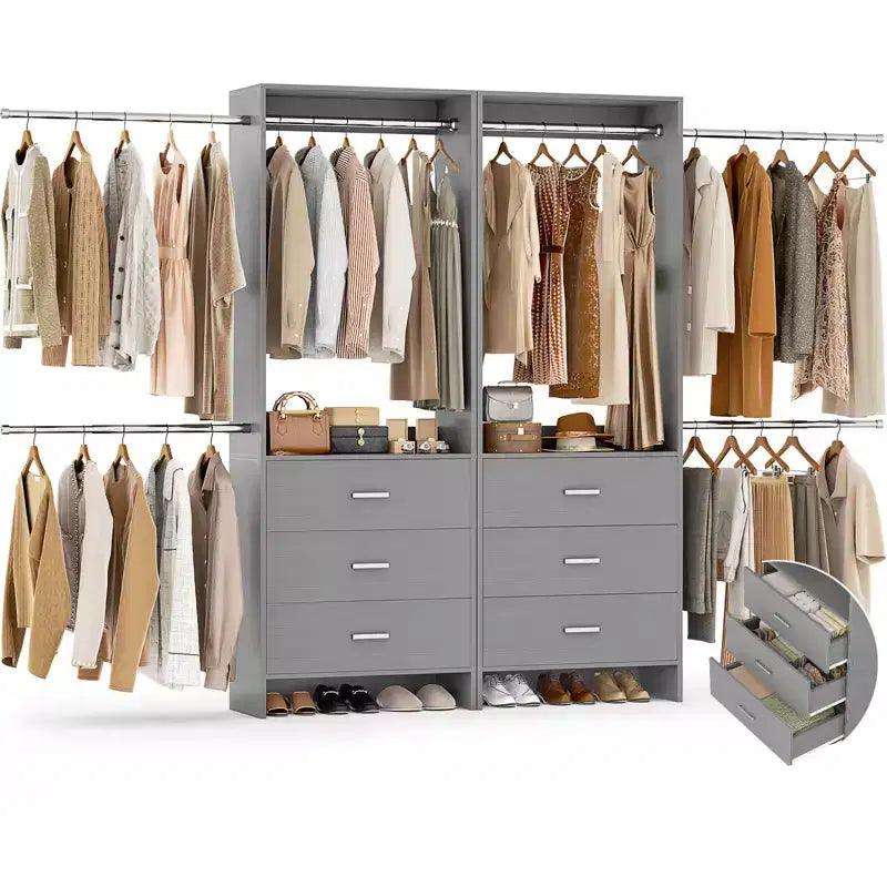 Organisateur de placard 2 pièces Beige/Noir/Gris/Blanc avec tringles extensibles et 6 tiroirs en bois, pour 1 à 2 utilisateurs