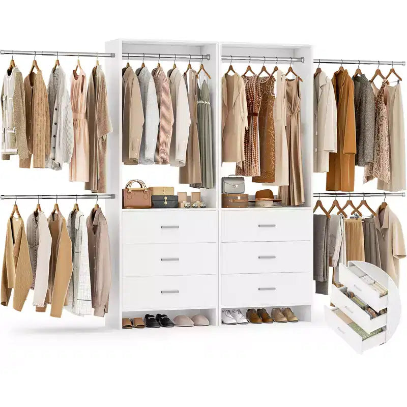 Organisateur de placard 2 pièces Beige/Noir/Gris/Blanc avec tringles extensibles et 6 tiroirs en bois, pour 1 à 2 utilisateurs