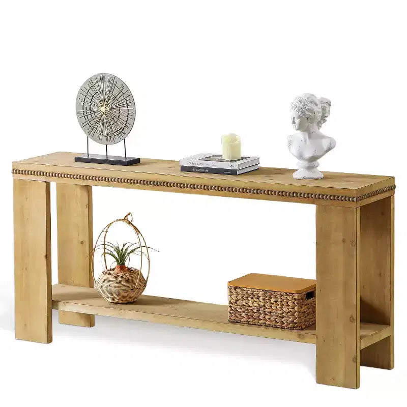 Console de style maison de ferme brune avec étagère, bordure à billes sculptée | 160 cm | 1 personne