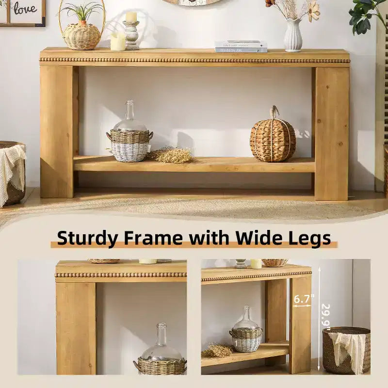 Console de style maison de ferme brune avec étagère, bordure à billes sculptée | 160 cm | 1 personne
