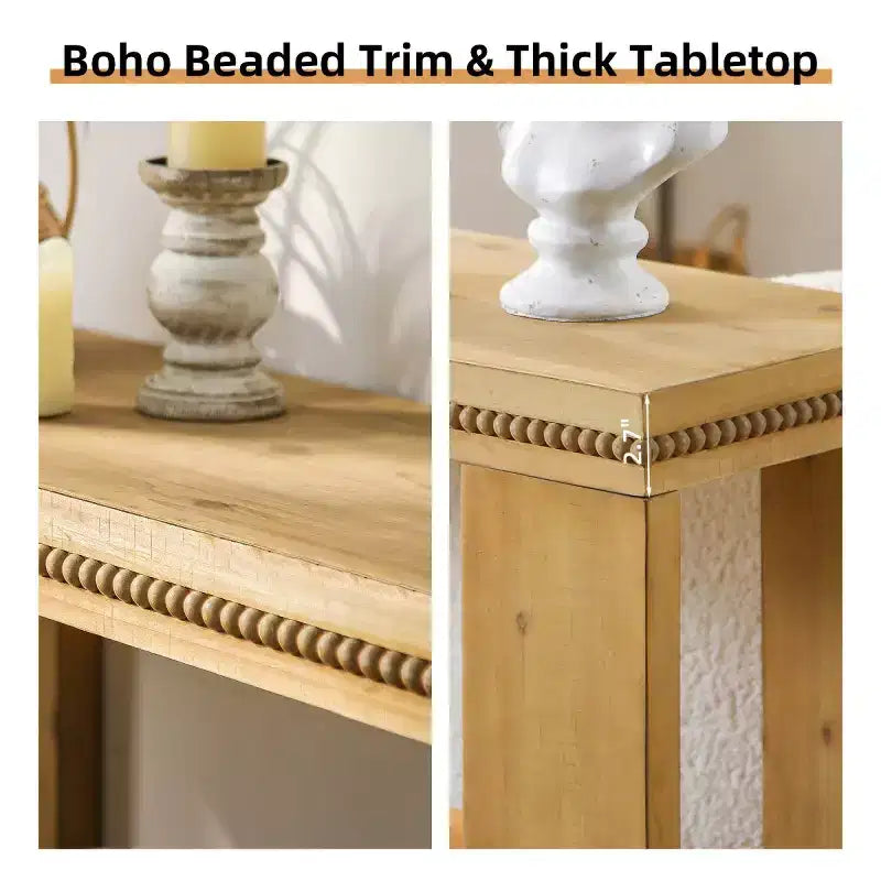 Console de style maison de ferme brune avec étagère, bordure à billes sculptée | 160 cm | 1 personne