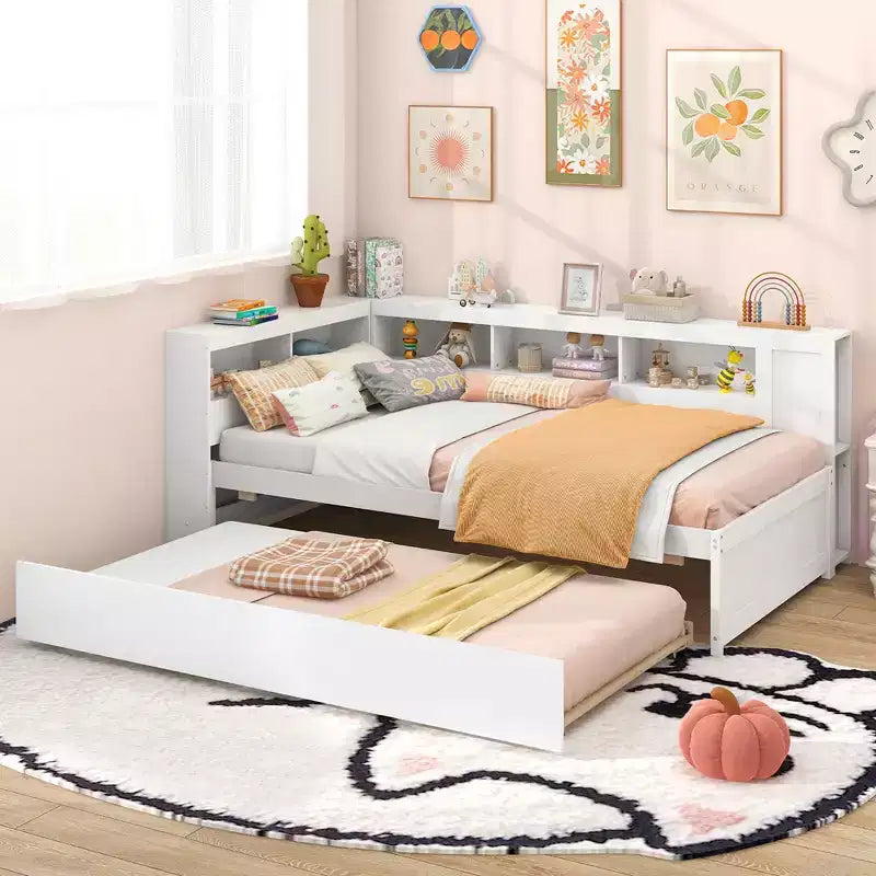 Lit de repos double blanc avec lit gigogne et tête de lit bibliothèque – 2 couchages