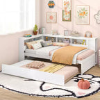 Lit de repos double blanc avec lit gigogne et tête de lit bibliothèque – 2 couchages