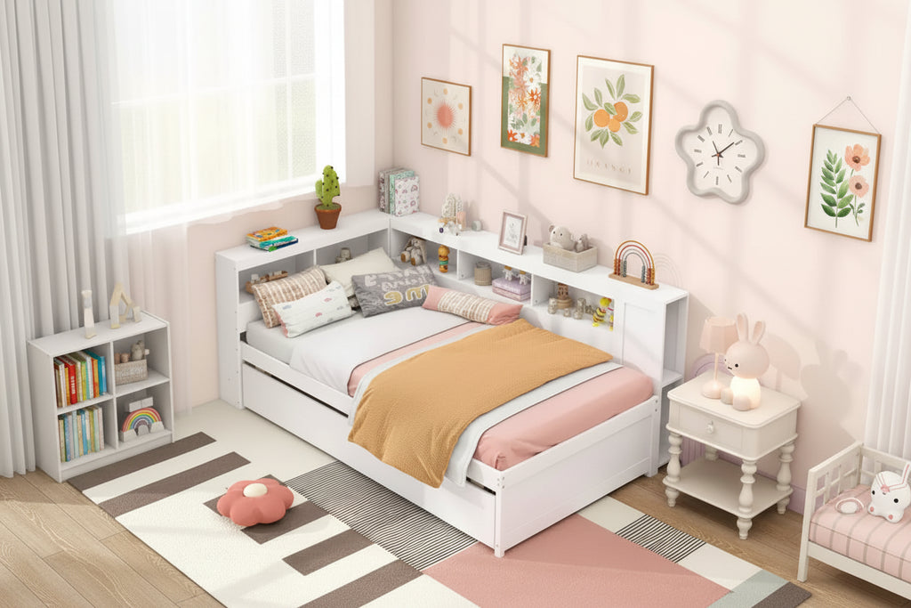 Lit de repos double blanc avec lit gigogne et tête de lit bibliothèque – 2 couchages