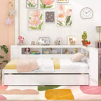 Lit de repos double blanc avec lit gigogne et tête de lit bibliothèque – 2 couchages