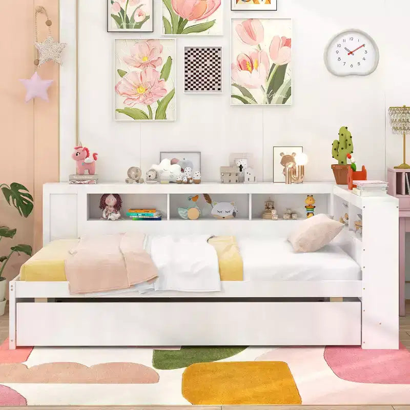 Lit de repos double blanc avec lit gigogne et tête de lit bibliothèque – 2 couchages