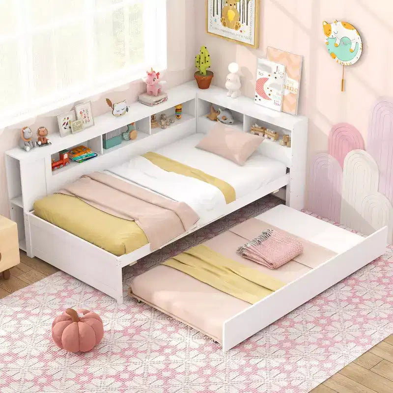 Lit de repos double blanc avec lit gigogne et tête de lit bibliothèque – 2 couchages