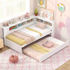 Lit de repos double blanc avec lit gigogne et tête de lit bibliothèque – 2 couchages