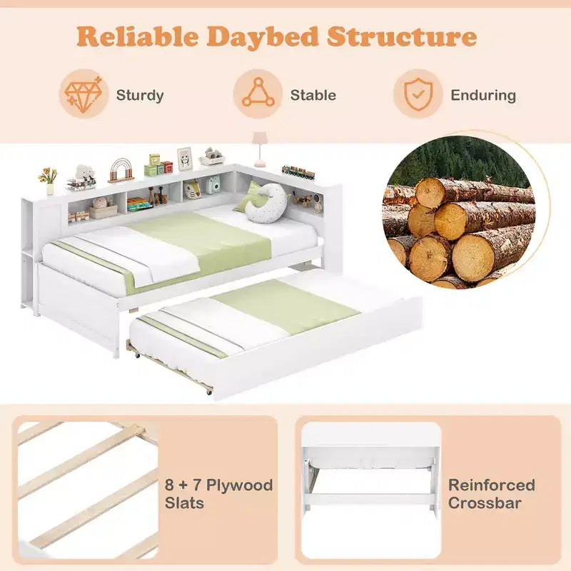 Lit de repos double blanc avec lit gigogne et tête de lit bibliothèque – 2 couchages