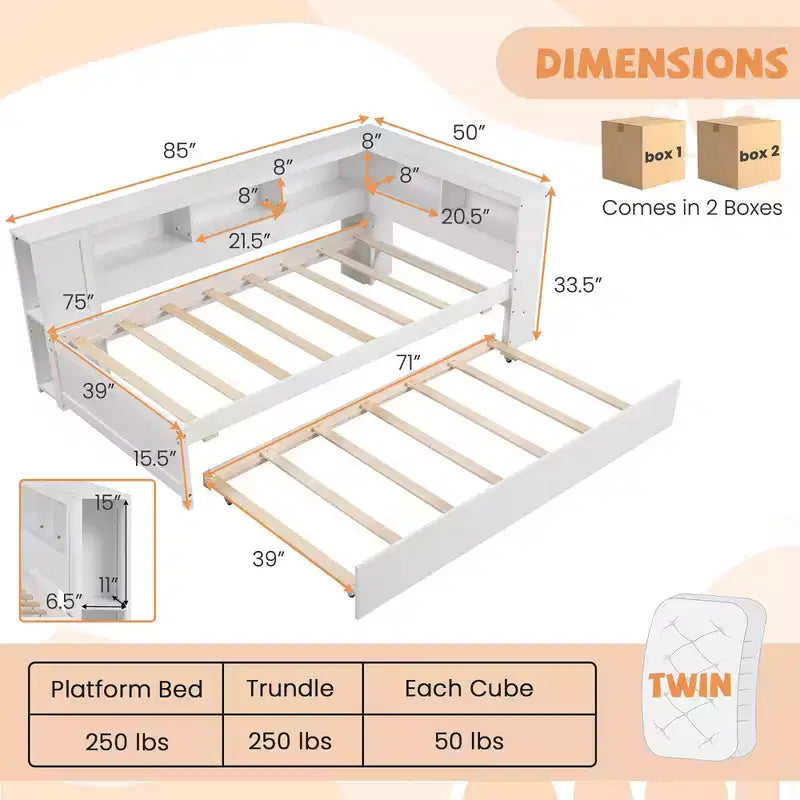 Lit de repos double blanc avec lit gigogne et tête de lit bibliothèque – 2 couchages