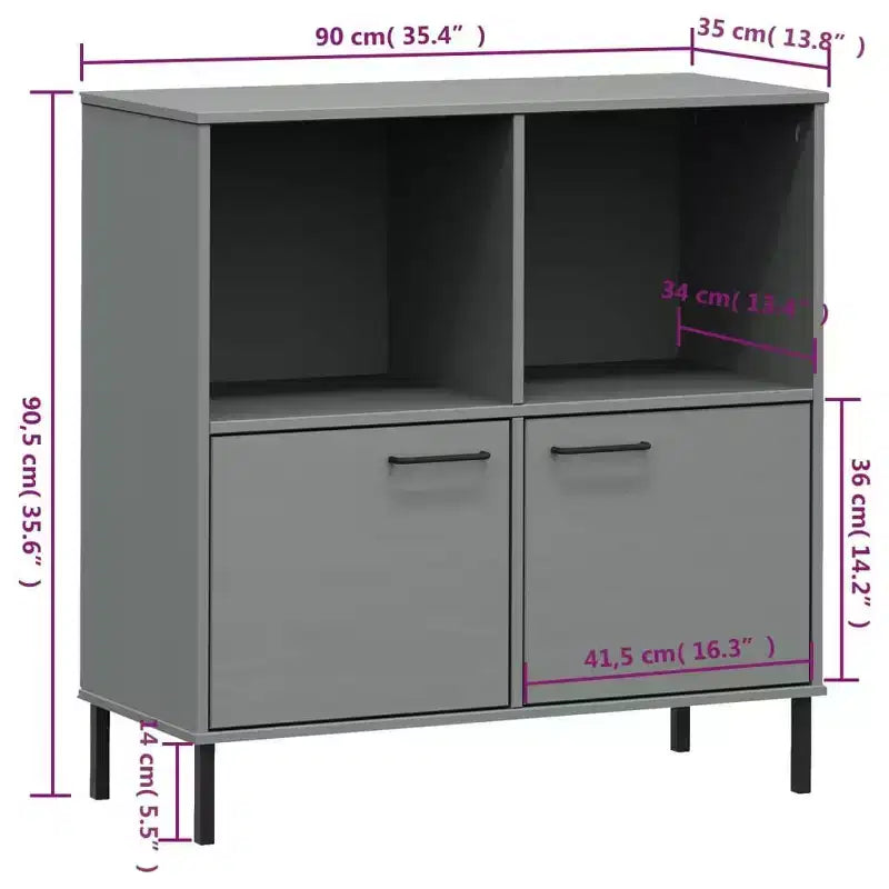 Étagère en pin massif brun / gris / blanc avec pieds en métal, 2 tablettes