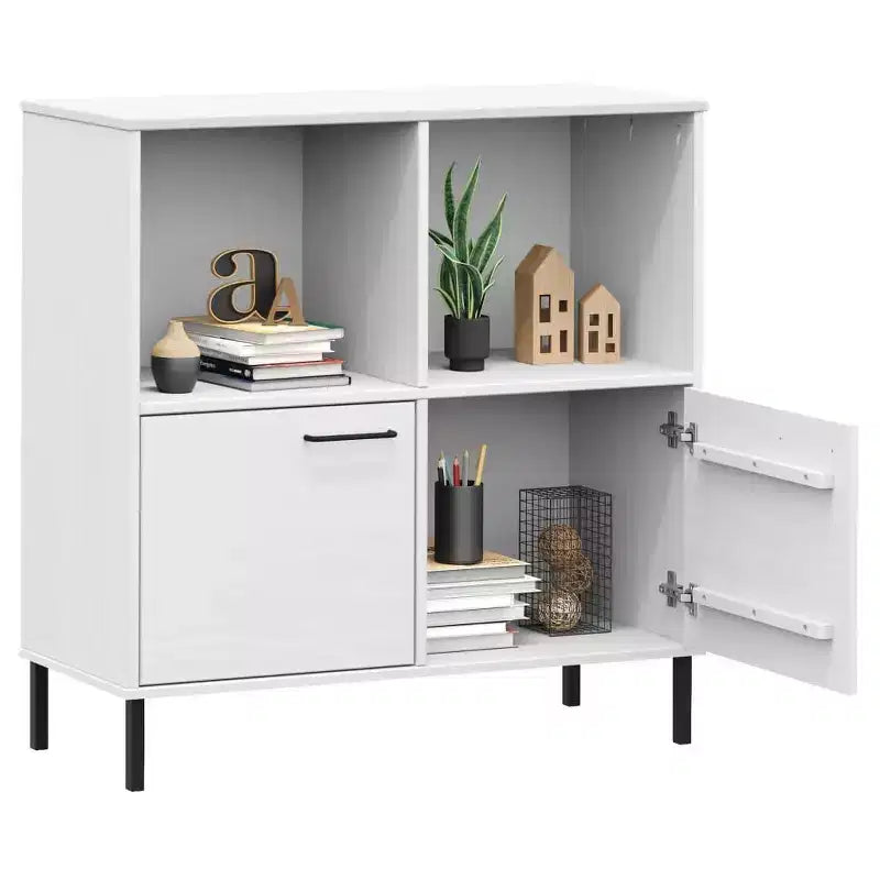 Étagère en pin massif brun / gris / blanc avec pieds en métal, 2 tablettes