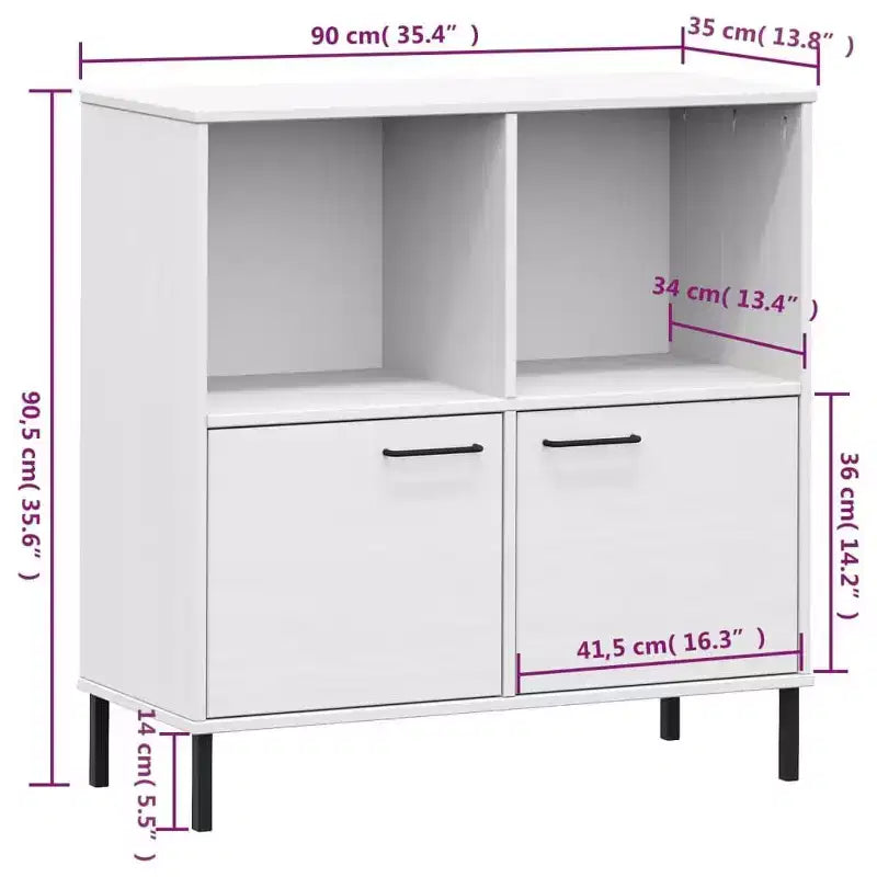 Étagère en pin massif brun / gris / blanc avec pieds en métal, 2 tablettes