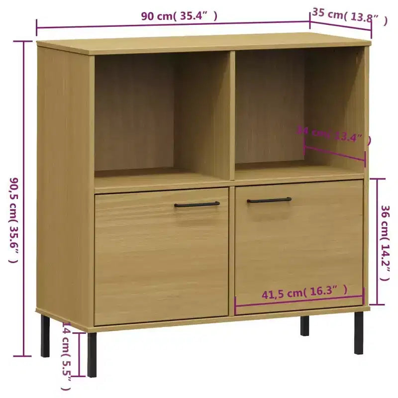 Étagère en pin massif brun / gris / blanc avec pieds en métal, 2 tablettes