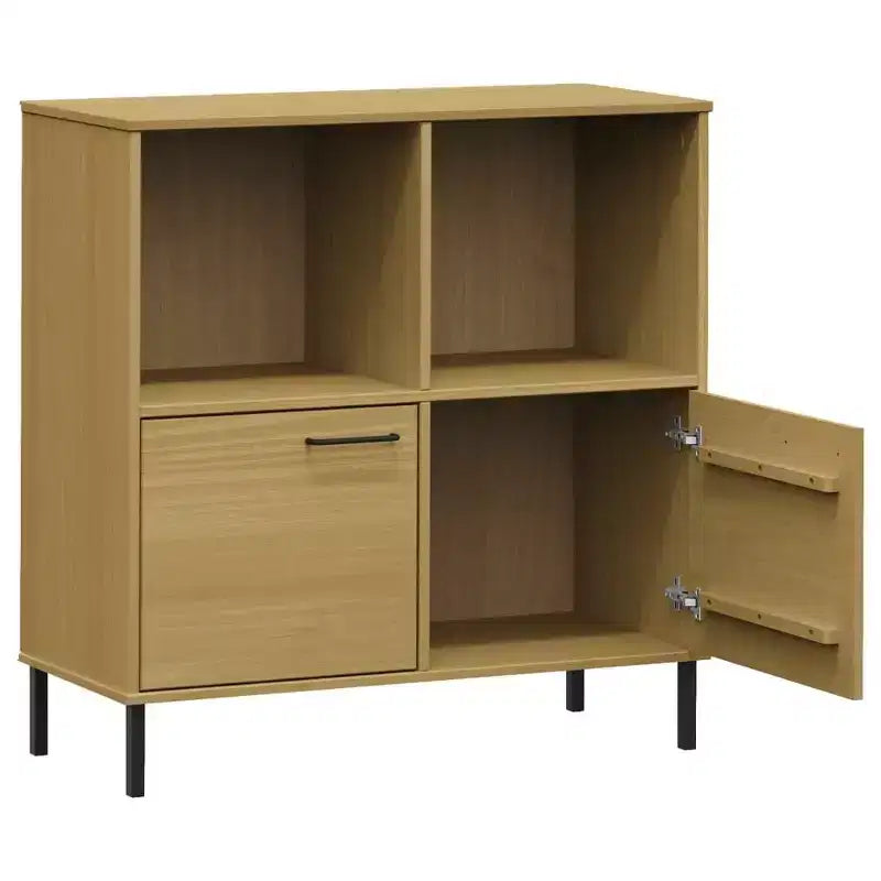 Étagère en pin massif brun / gris / blanc avec pieds en métal, 2 tablettes